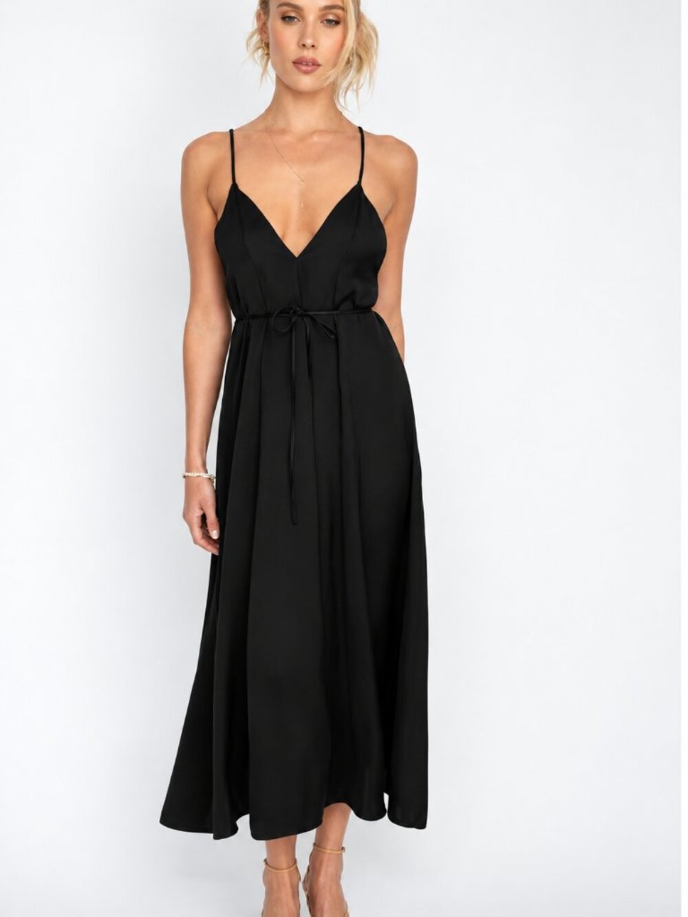 RESA Hannah Black V-Neck Belted Midi Slip Dress